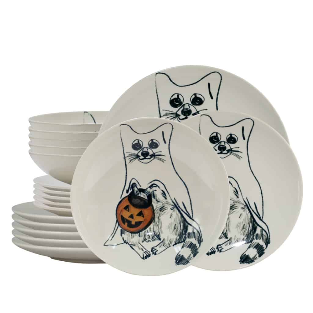 Dinner set for 6 people, with deep plate, Round, Glossy White decorated with Ghost cat