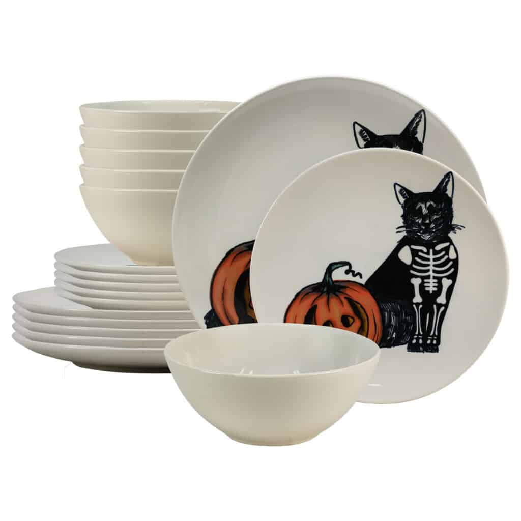 Dinner set for 6 people, with bowl, Round, Glossy White decorated with Skeleton cat