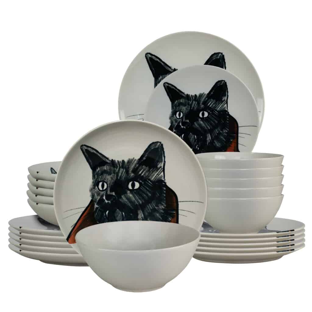 Dinner set for 6 people, with deep plate and bowl, Round, Glossy White decorated with Vampire cat