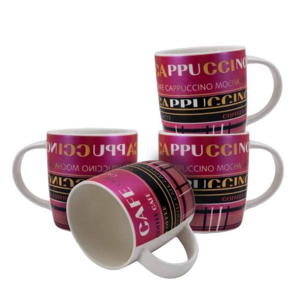 Set of 4 mugs, 270 ml, Glossy White/Pink decorated with caffee