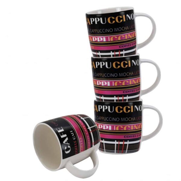 Set of 4 mugs, 270 ml, Glossy White/Black decorated with caffee