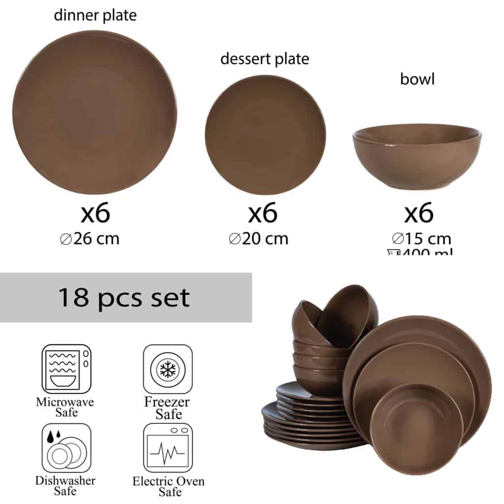 Dinner set for 6 people, with bowl, Round, Glossy Dark Brown