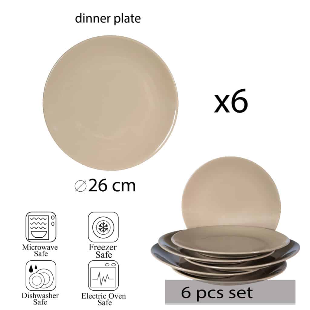 Set of 6 dinner plate, Round, 26 cm, Glossy Light Brown