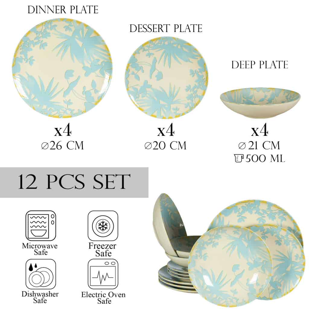 Dinner set for 4 people, with deep plate, Round, Glossy Ivory decorated with light blue leaves