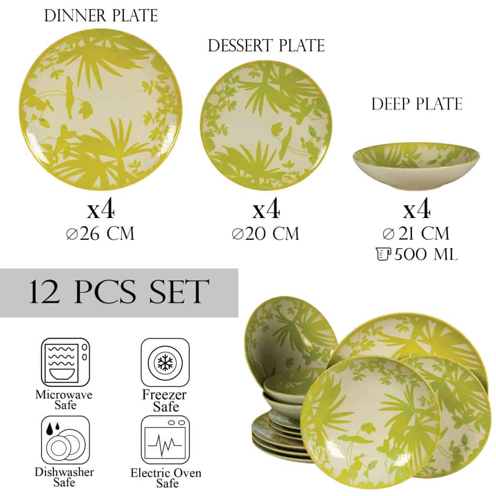 Dinner set for 4 people, with deep plate, Round, Glossy Ivory decorated with light green leaves