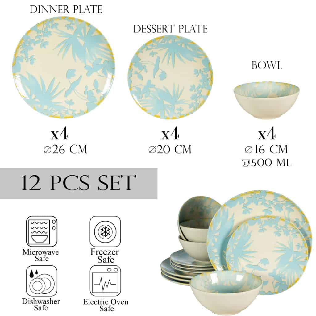 Dinner set for 4 people, with bowl, Round, Glossy Ivory decorated with light blue leaves