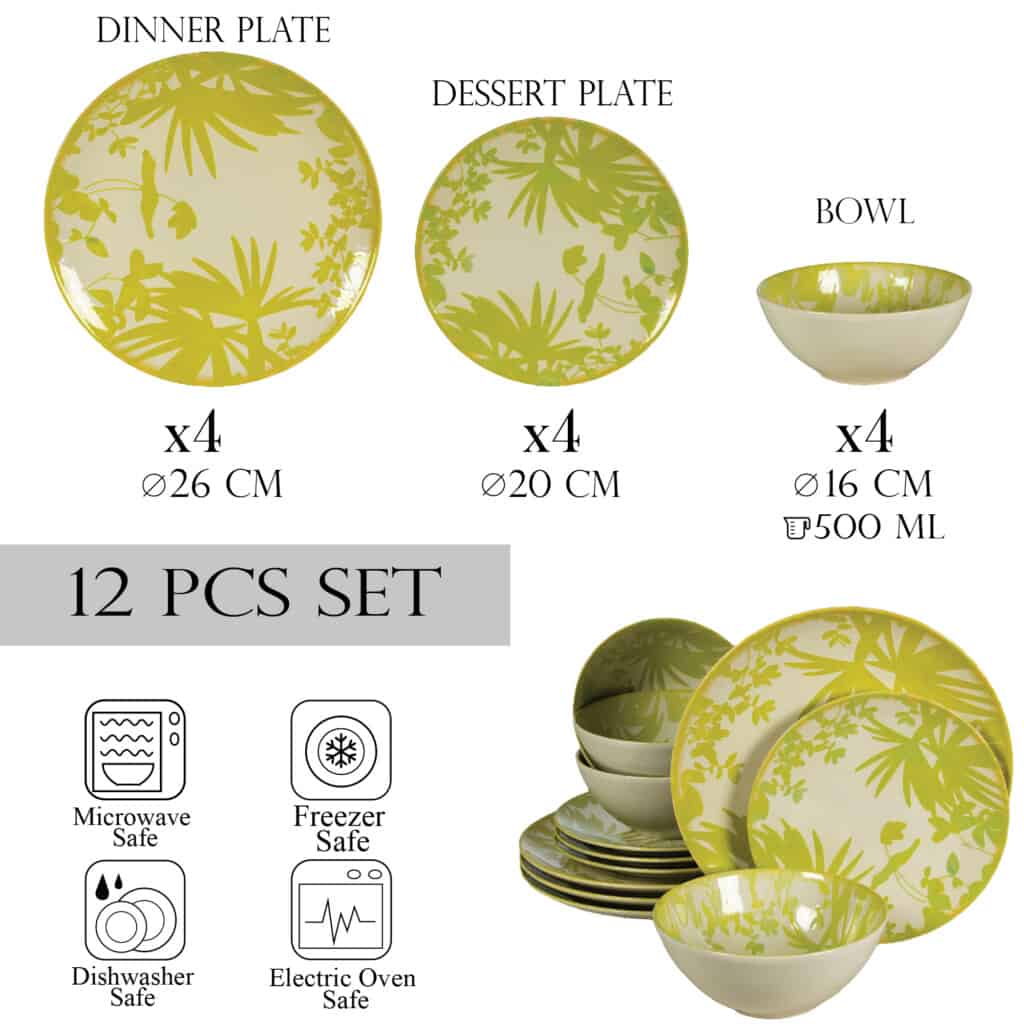 Dinner set for 4 people, with bowl, Round, Glossy Ivory decorated with light green leaves