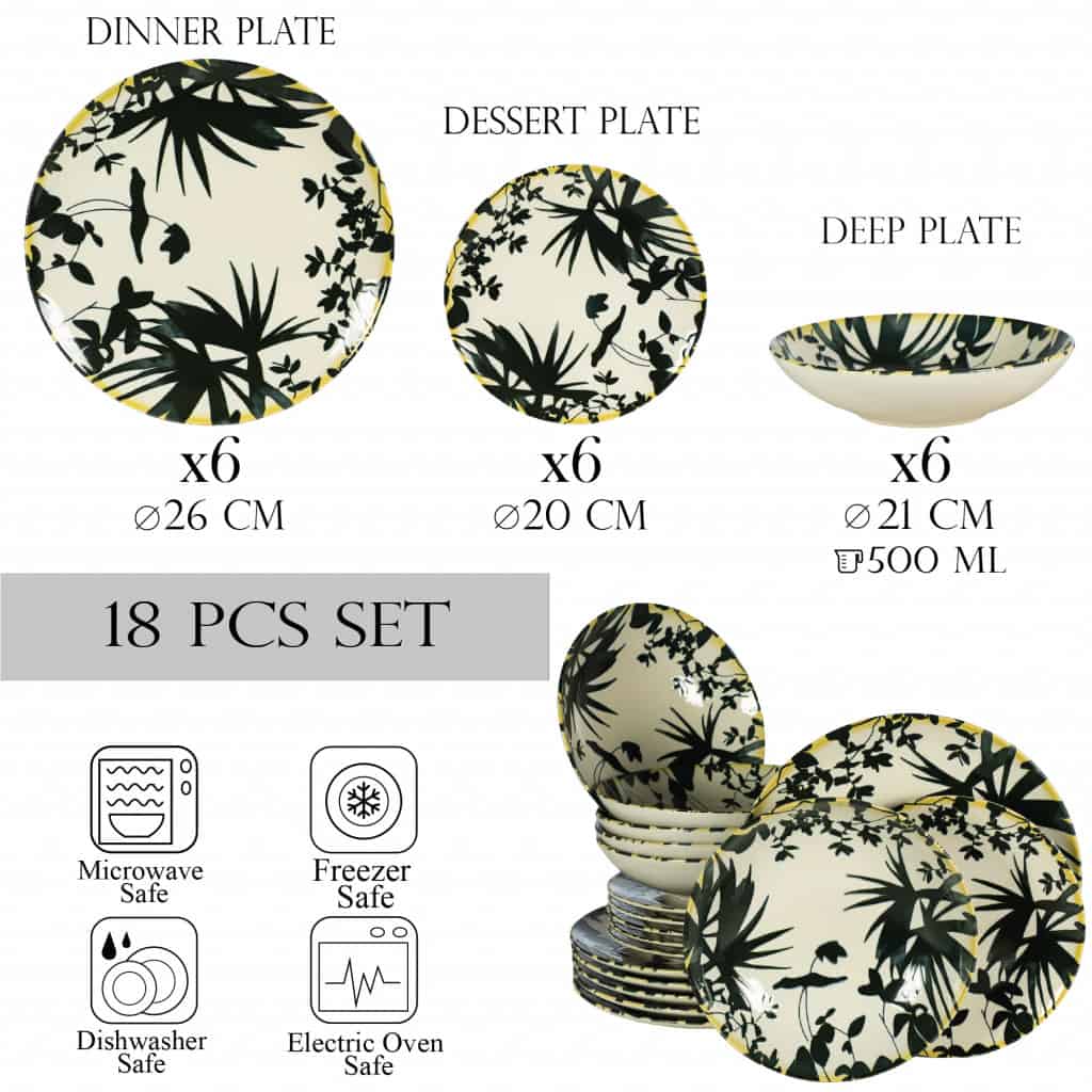 Dinner set for 6 people, with deep plate, Round, Glossy Ivory decorated with black leaves