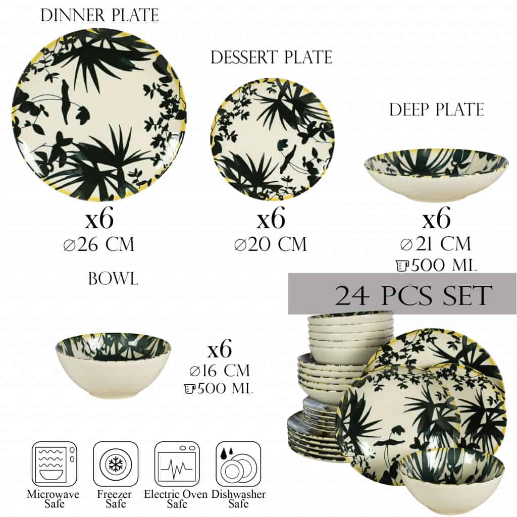 Dinner set for 6 people, with deep plate and bowl, Round, Glossy Ivory decorated with black leaves