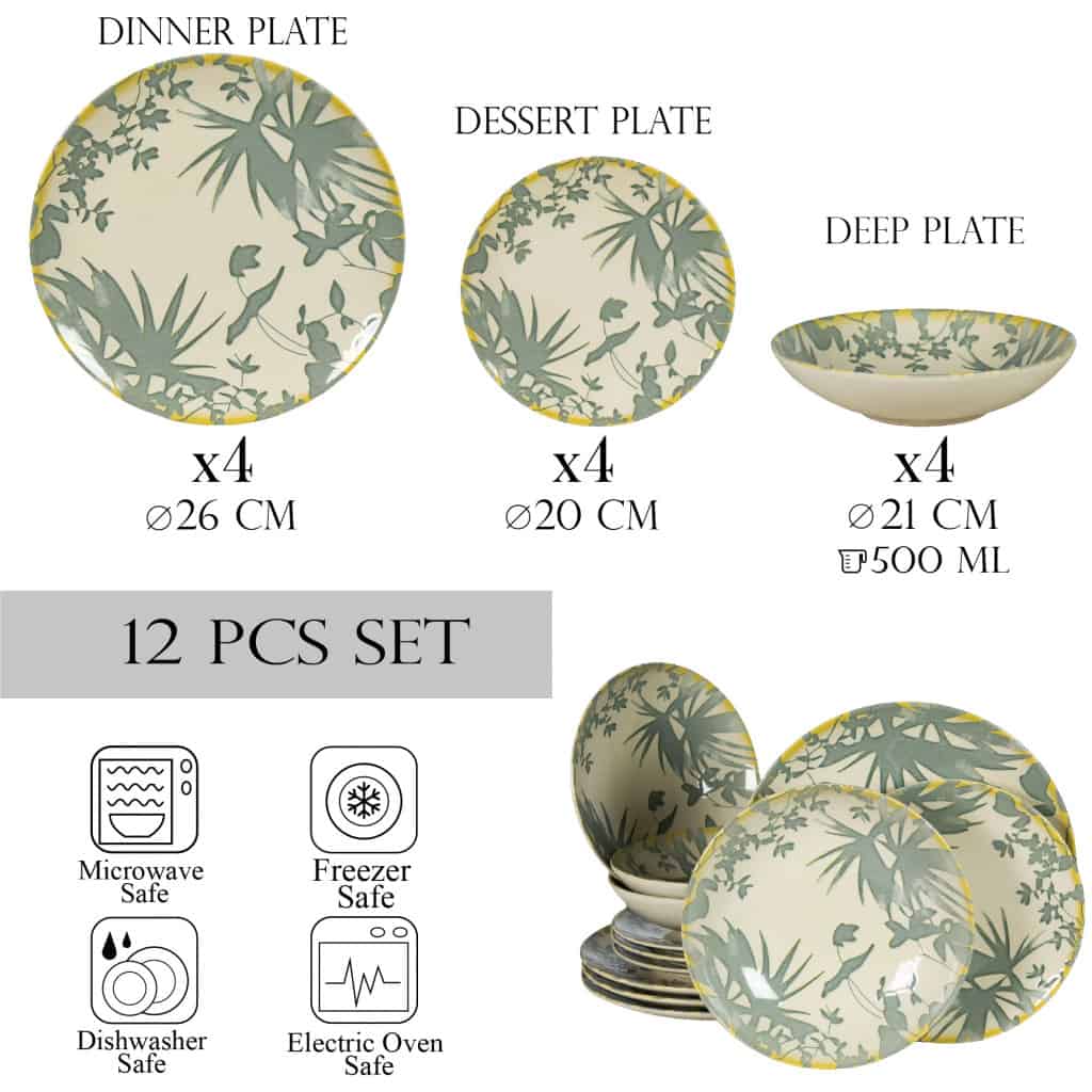 Dinner set for 4 people, with deep plate, Round, Glossy Ivory decorated with gray leaves