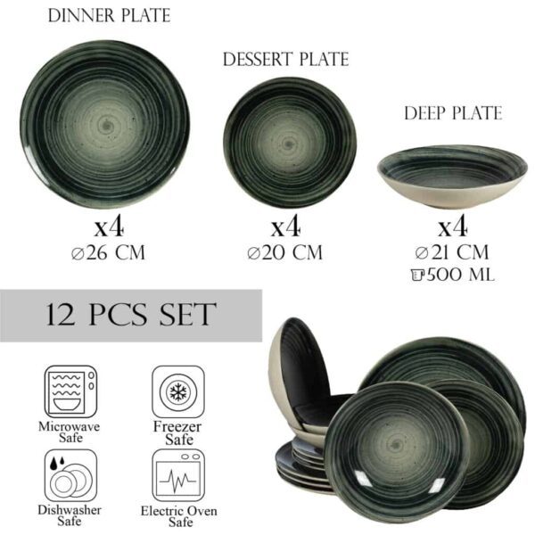Dinner set for 4 people, with deep plate, Round, Glossy Ivory decorated with dark gray spiral