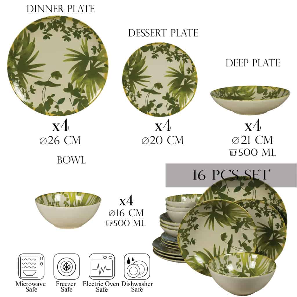 Dinner set for 4 people, with deep plate and bowl, Round, Glossy Ivory decorated with green leaves
