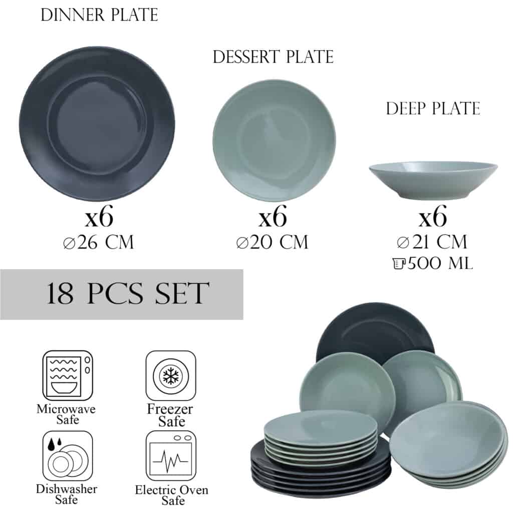 Dinner set for 6 people, with deep plate , Round, Glossy Ash Gray/Dark Gray