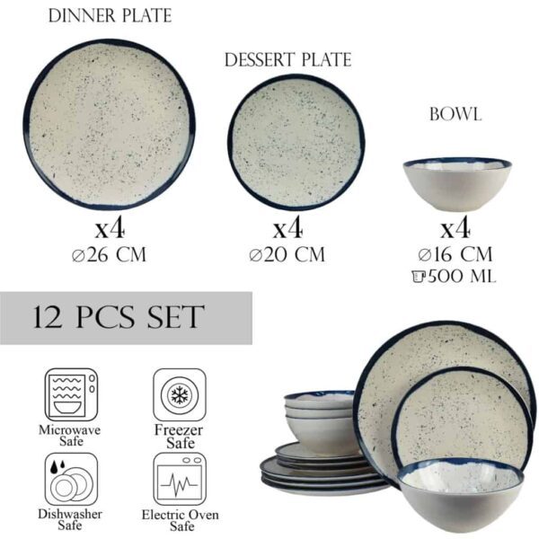 Dinner set for 4 people, with bowl, Round, Glossy Ivory decorated with blue edge
