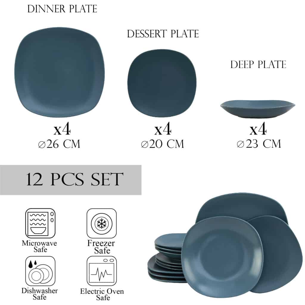 Dinner set for 4 people, with deep plate, Square, Matte Gray