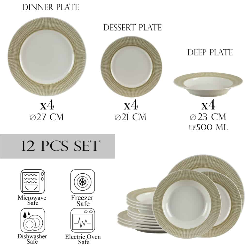 Dinner set for 4 people, with deep plate, Round, Glossy Ivory with brown edge