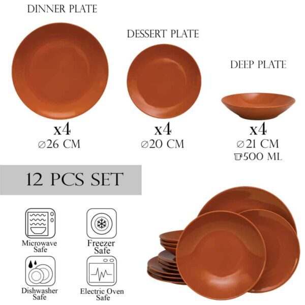 Dinner set for 4 people, with deep plate, Round, Glossy Dark Caramel