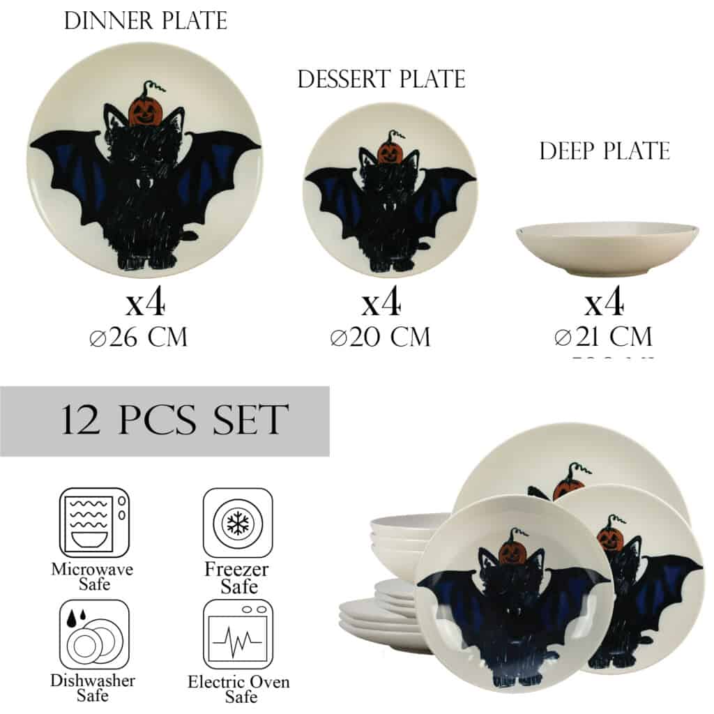 Dinner set for 4 people, with deep plate, Round, Glossy White decorated with Batkitty
