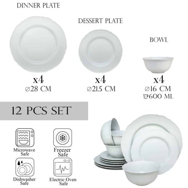Dinner set for 4 people, with bowl, Round, Porcelain with wavy edge