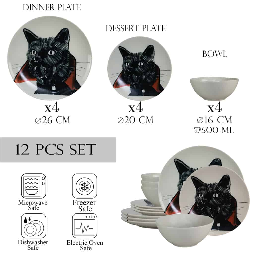 Set de cină pentru 4 persoane, cu castron, rotund, alb lucios, decorat cu pisica Vampir