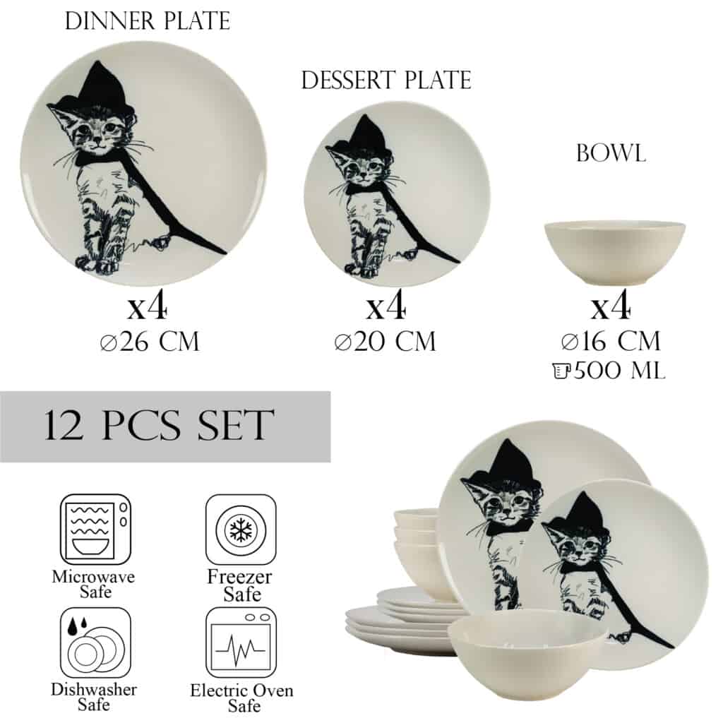 Dinner set for 4 people, with bowl, Round, Glossy White decorated with Witch cat