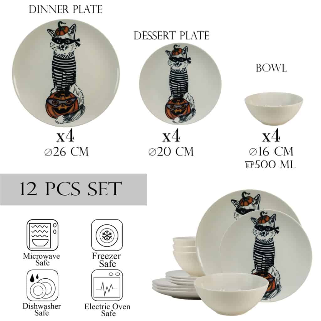 Dinner set for 4 people, with bowl, Round, Glossy White decorated with Thief cat