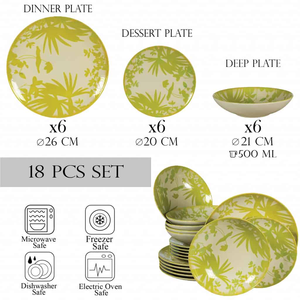 Set de masă pentru 6 persoane, cu farfurie adâncă, rotundă, fildeș lucios, decorată cu frunze verde deschis