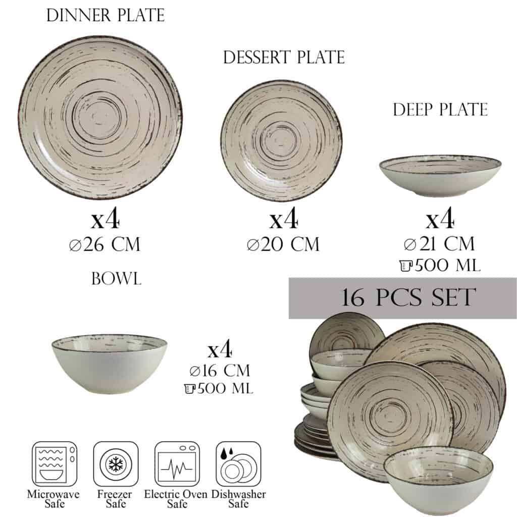 Set de cină pentru 4 persoane, cu farfurie adâncă și castron, rotund, fildeș lucios, decorat cu spirală maro închis