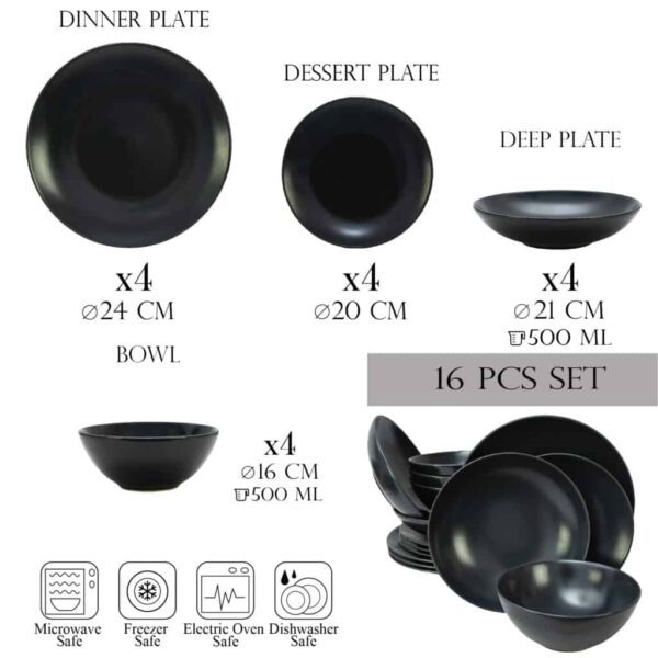 Dinner set for 4 people, with bowl and deep plate, Round, Matte Gray