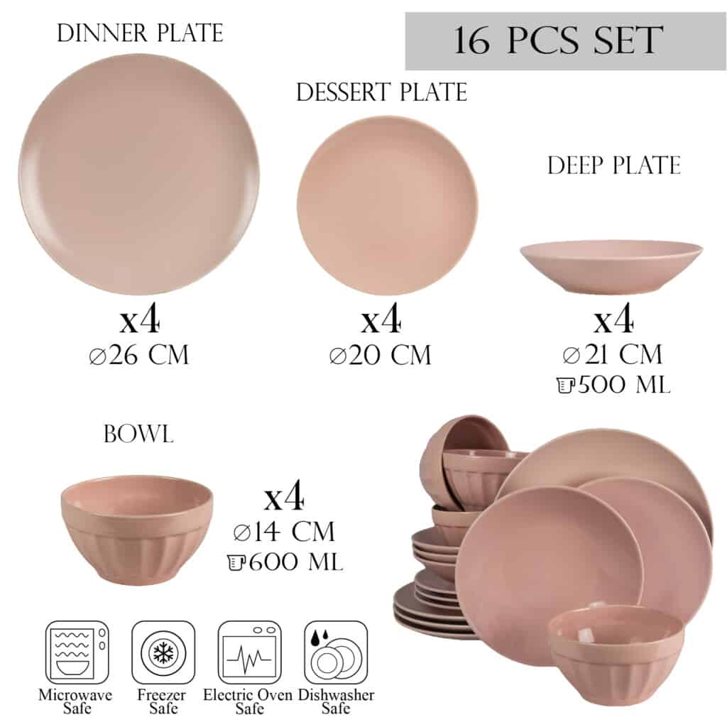 Dinner set for 4 people, with bowl, Round, Glossy Pink/Matte Pink