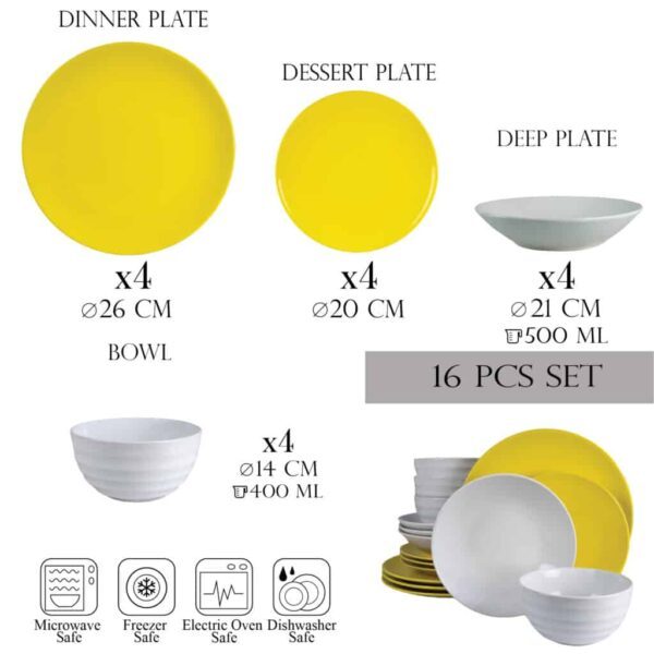 Dinner set for 4 people, with bowl and deep plate, Round, Glossy White/Neon Yellow