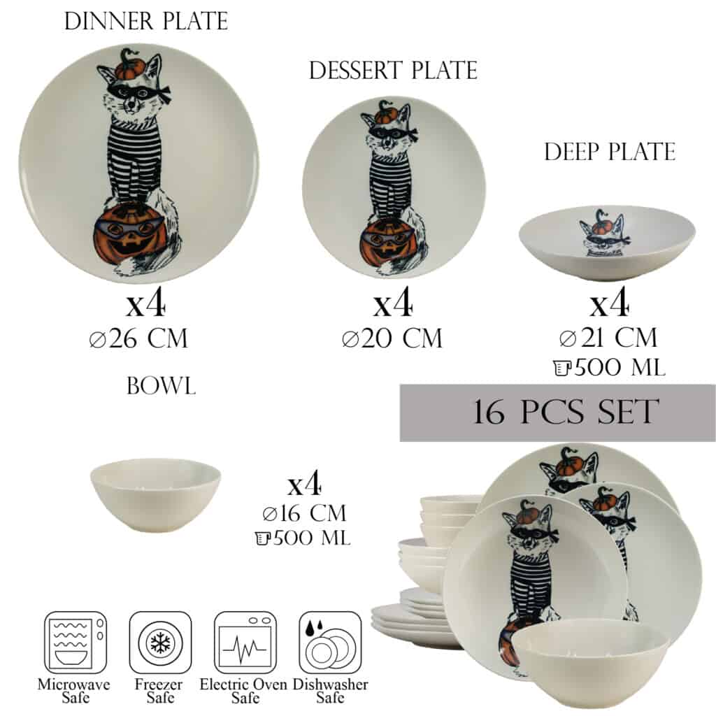 Set de cină pentru 4 persoane, cu farfurie adâncă și castron, rotund, alb lucios, decorat cu pisica Thief