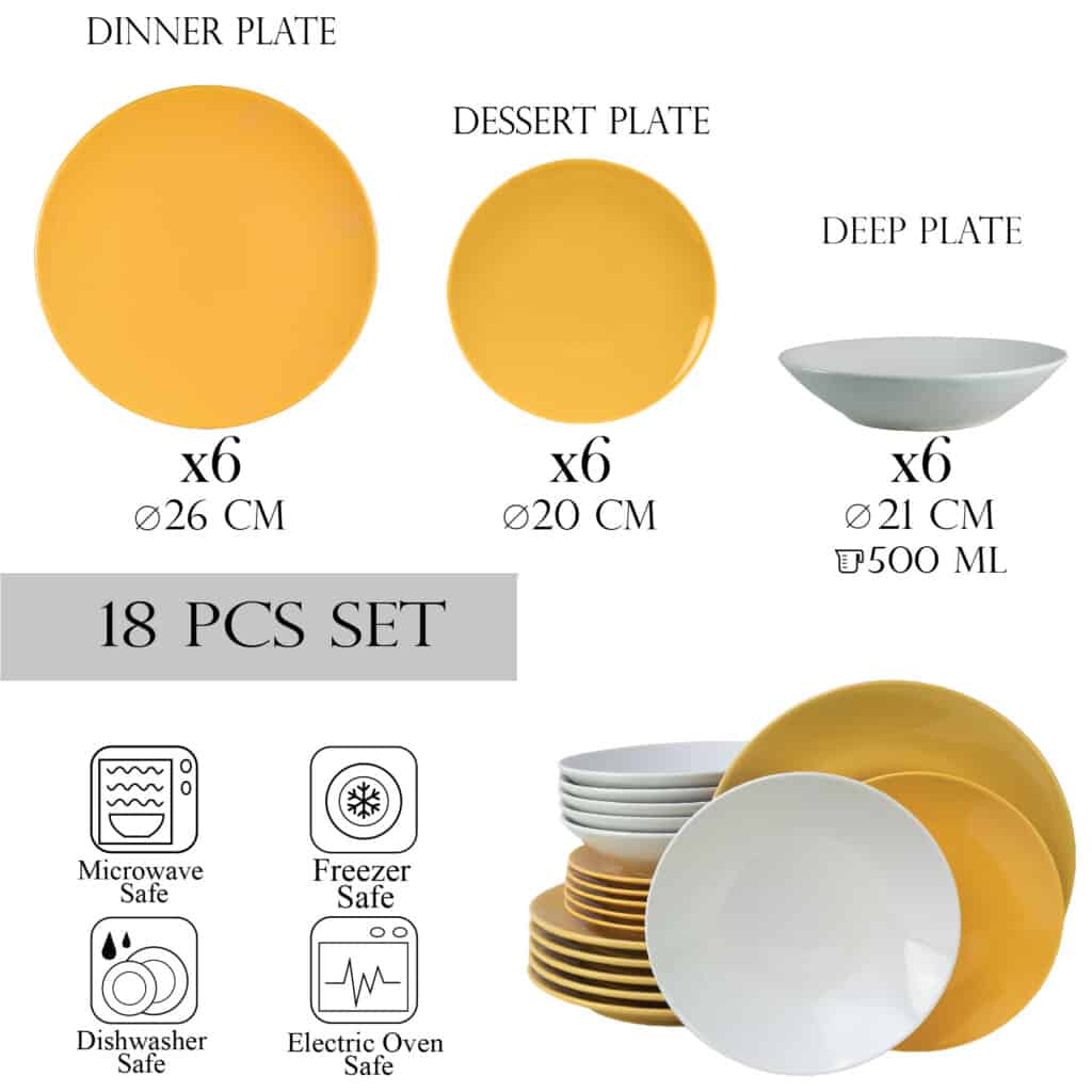 Dinner set for 6 people, with deep plate , Round, Glossy White/Yellow