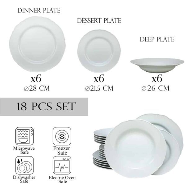 Dinner set for 6 people, with deep plate, Round, Porcelain with wavy edge