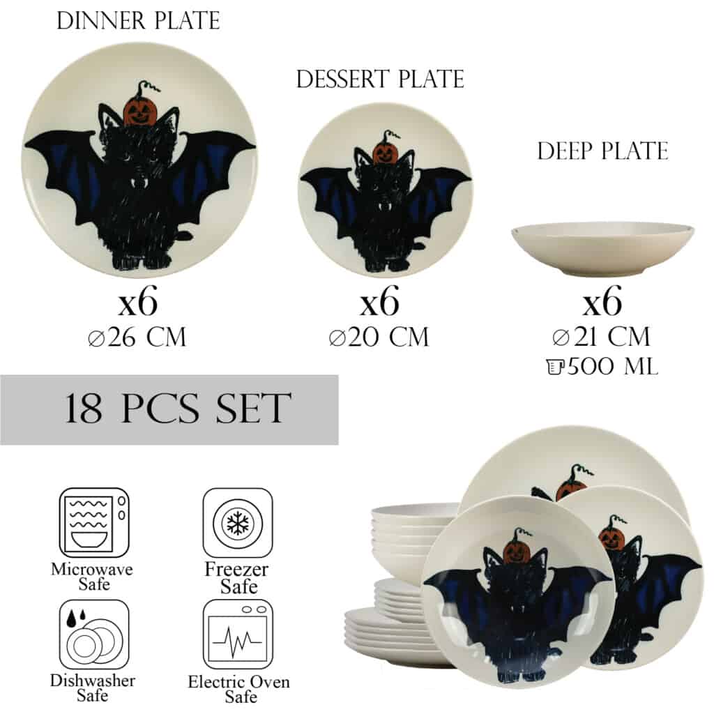 Dinner set for 6 people, with deep plate, Round, Glossy White decorated with Batkitty