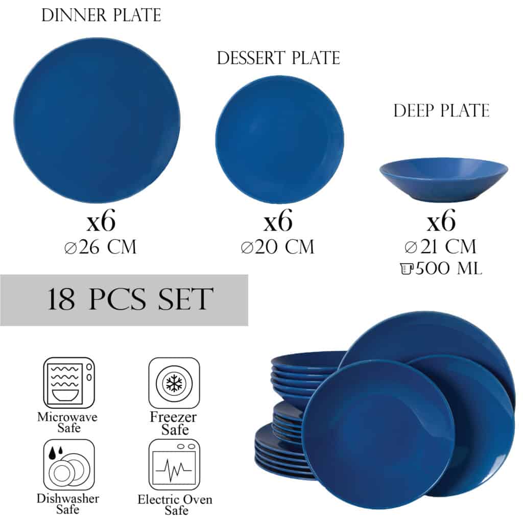 Dinner set for 6 people, with deep plate, Round, Glossy Blue