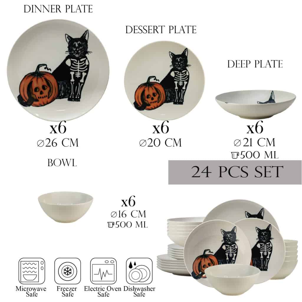 Dinner set for 6 people, with deep plate and bowl, Round, Glossy White decorated with Skeleton cat