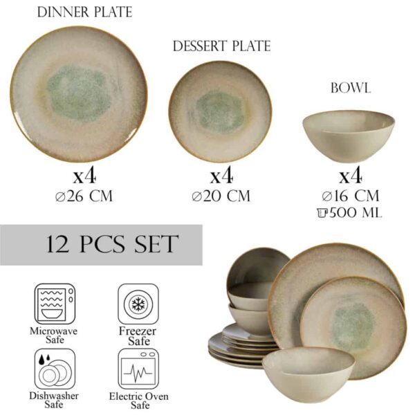 Dinner set for 4 people, with bowl, Round, Glossy Ivory decorated with brown and green shades