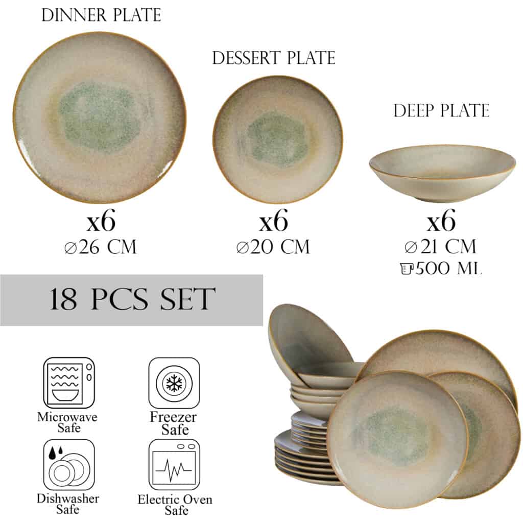 Dinner set for 6 people, with deep plate, Round, Glossy Ivory decorated with brown and green shades