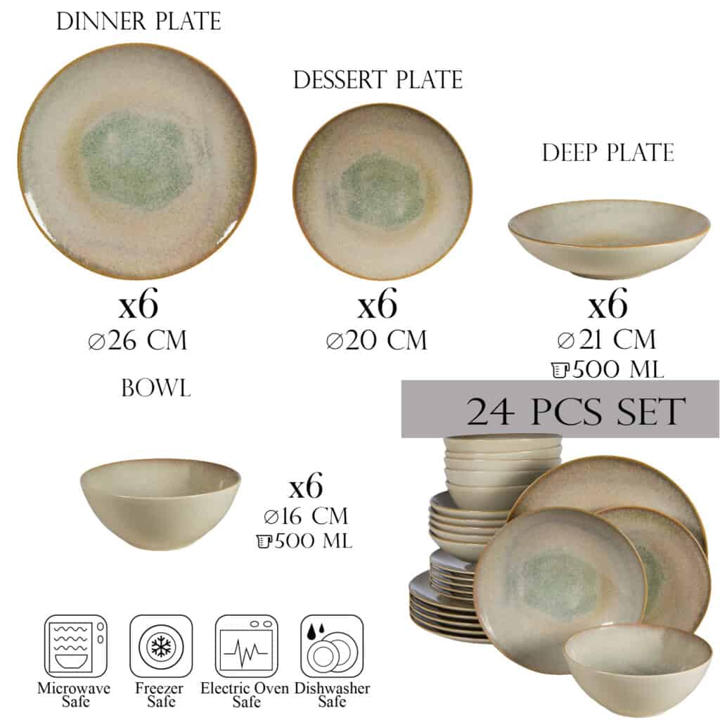 Dinner set for 6 people, with deep plate and bowl, Round, Glossy Ivory decorated with brown and green shades