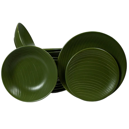 Dinner set for 6 people, Matte Olive Green decorated with embossed curved lines