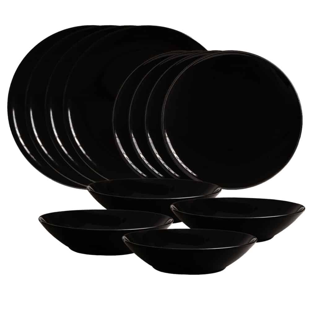 Dinner set for 4 people, with deep plate, Round, Glossy Black