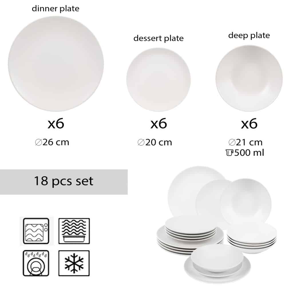 Dinner set for 6 people, with deep plate, Round, Matte White