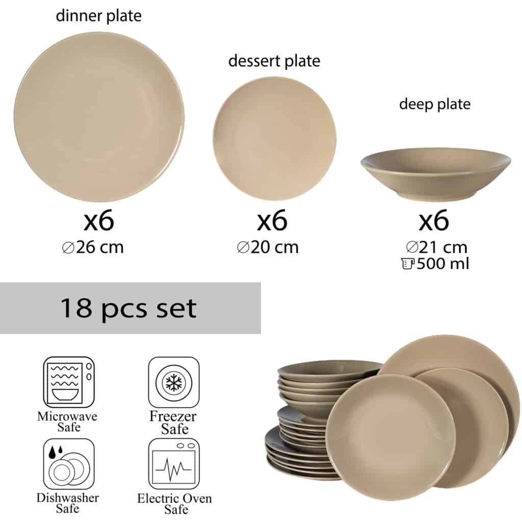 Dinner set for 6 people, with deep plate, Round, Glossy Light Brown