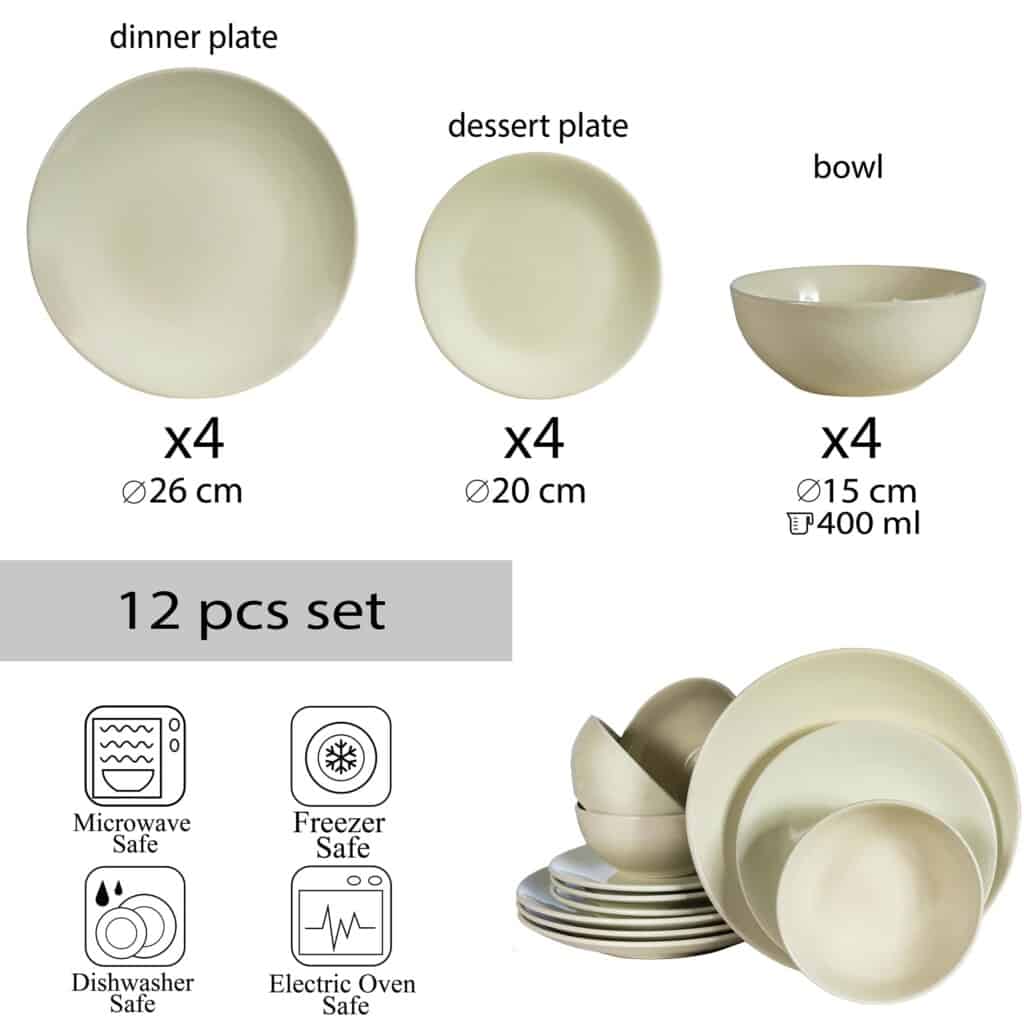 Dinner set for 4 people, with bowl, Round, Glossy Ivory