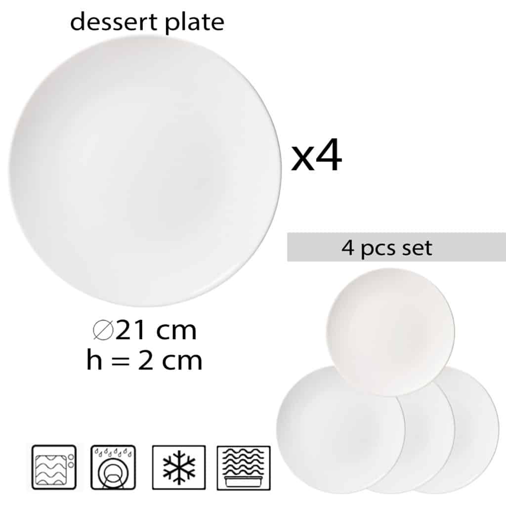 Set of 4 dessert plate, Round, 20 cm, Glossy White
