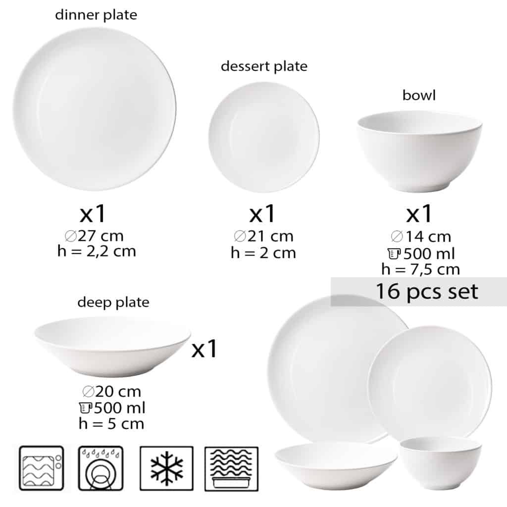 Dinner set for one person, with deep plate and bowl, Round, Glossy White