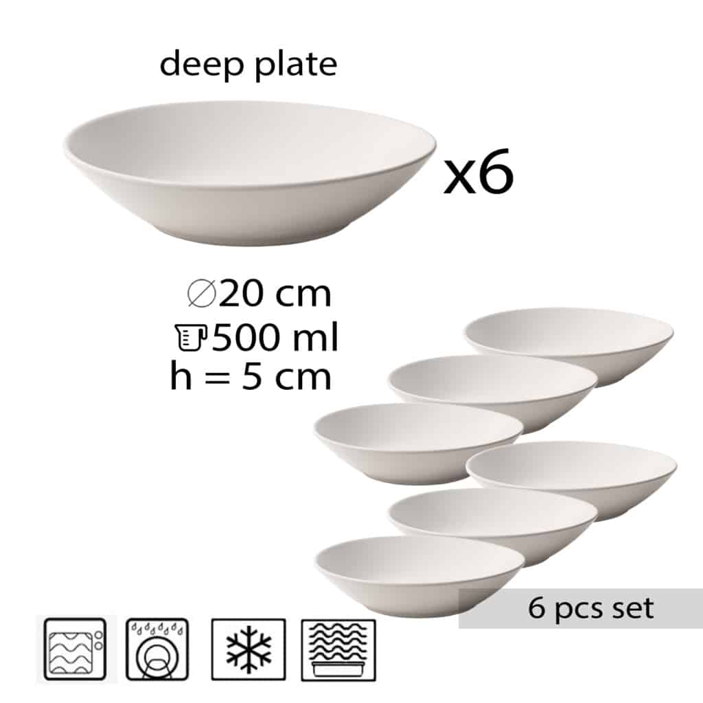 Set of 6 deep plate, Round, 21 cm, Matte White