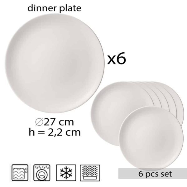 Set of 6 dinner plate, Round, 26 cm, Matte White