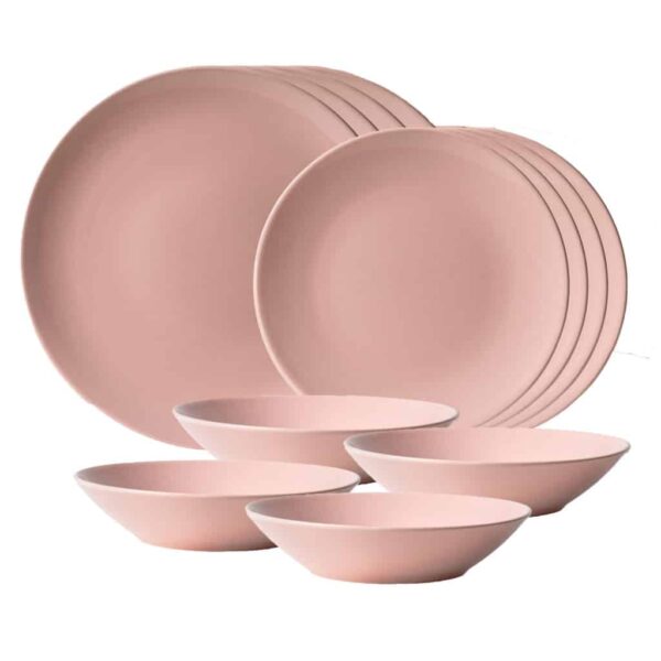Dinner set for 4 people, with deep plate, Round, Glossy Red decorated with Dwarfs of love